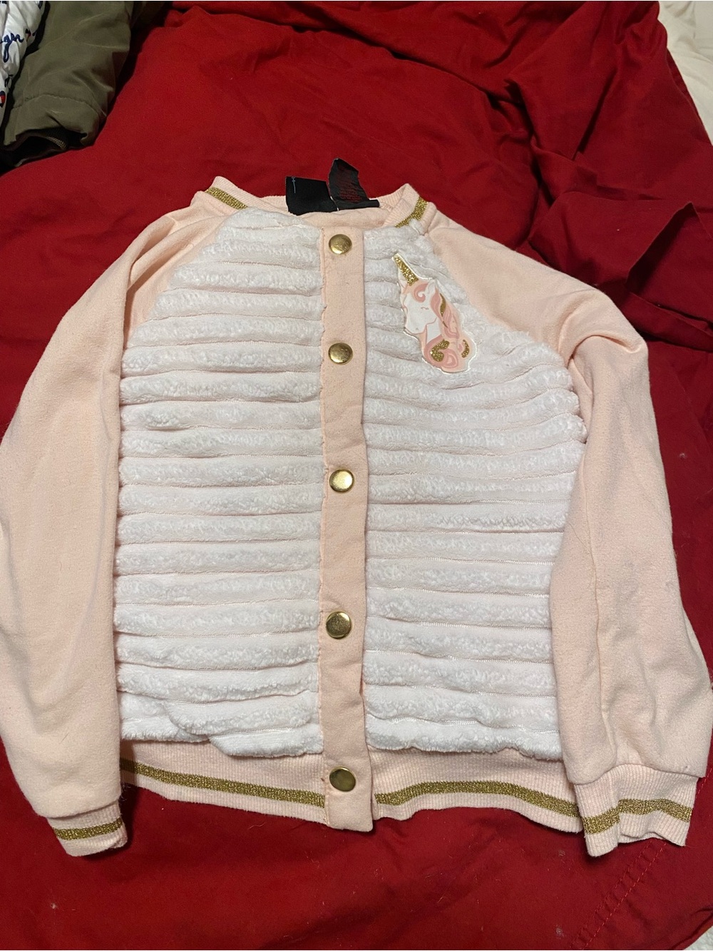 Cynthia Rowley Pink & White Faux-Fur Bomber Jacket with Unicorn Patch